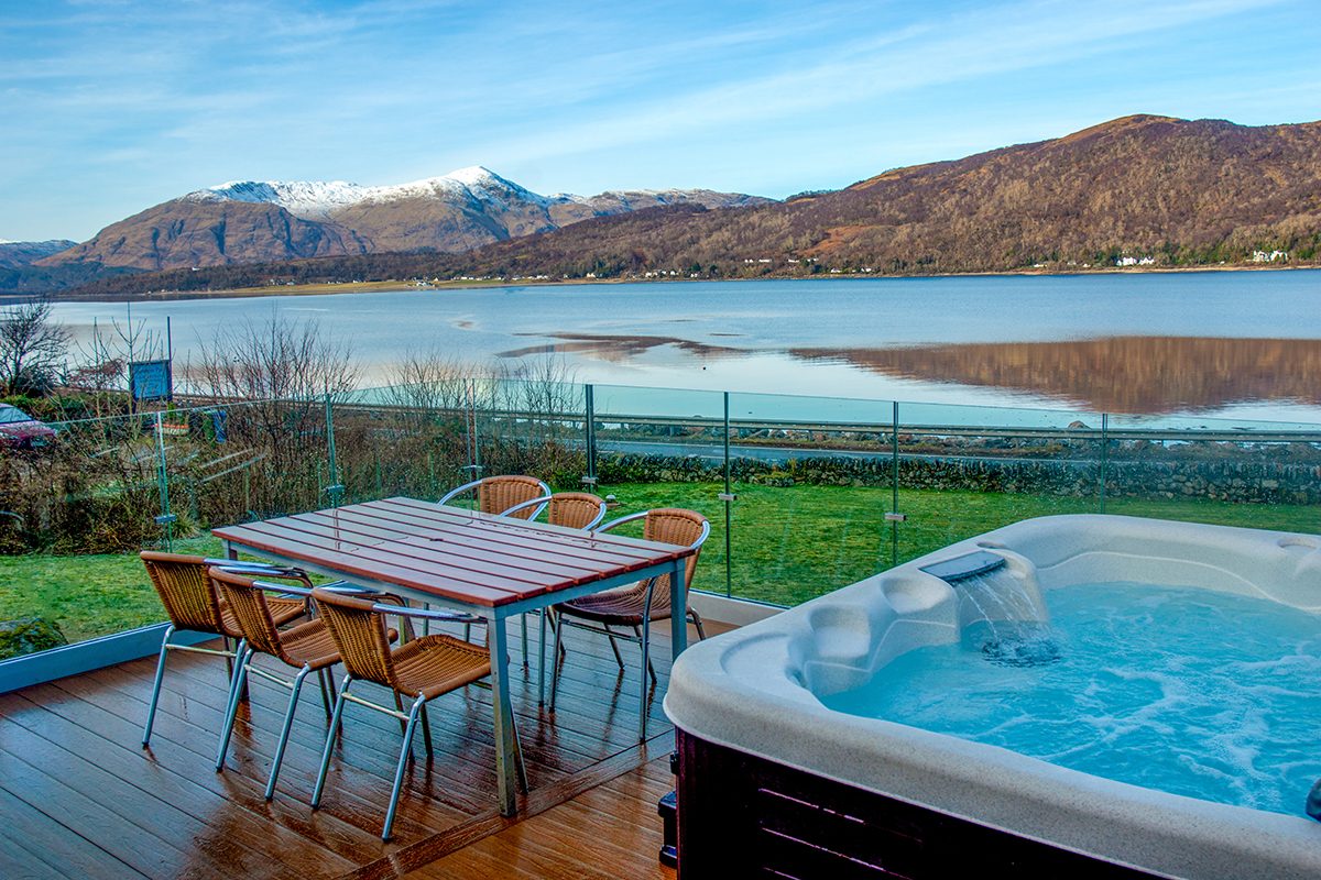 Evening light across Loch Linnhe from the decking at Glenachulish Bay