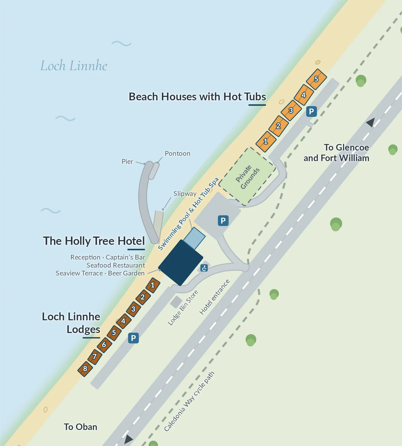 Map of Kentallen Pier showing the lodges, beach houses and the Holly Tree Hotel