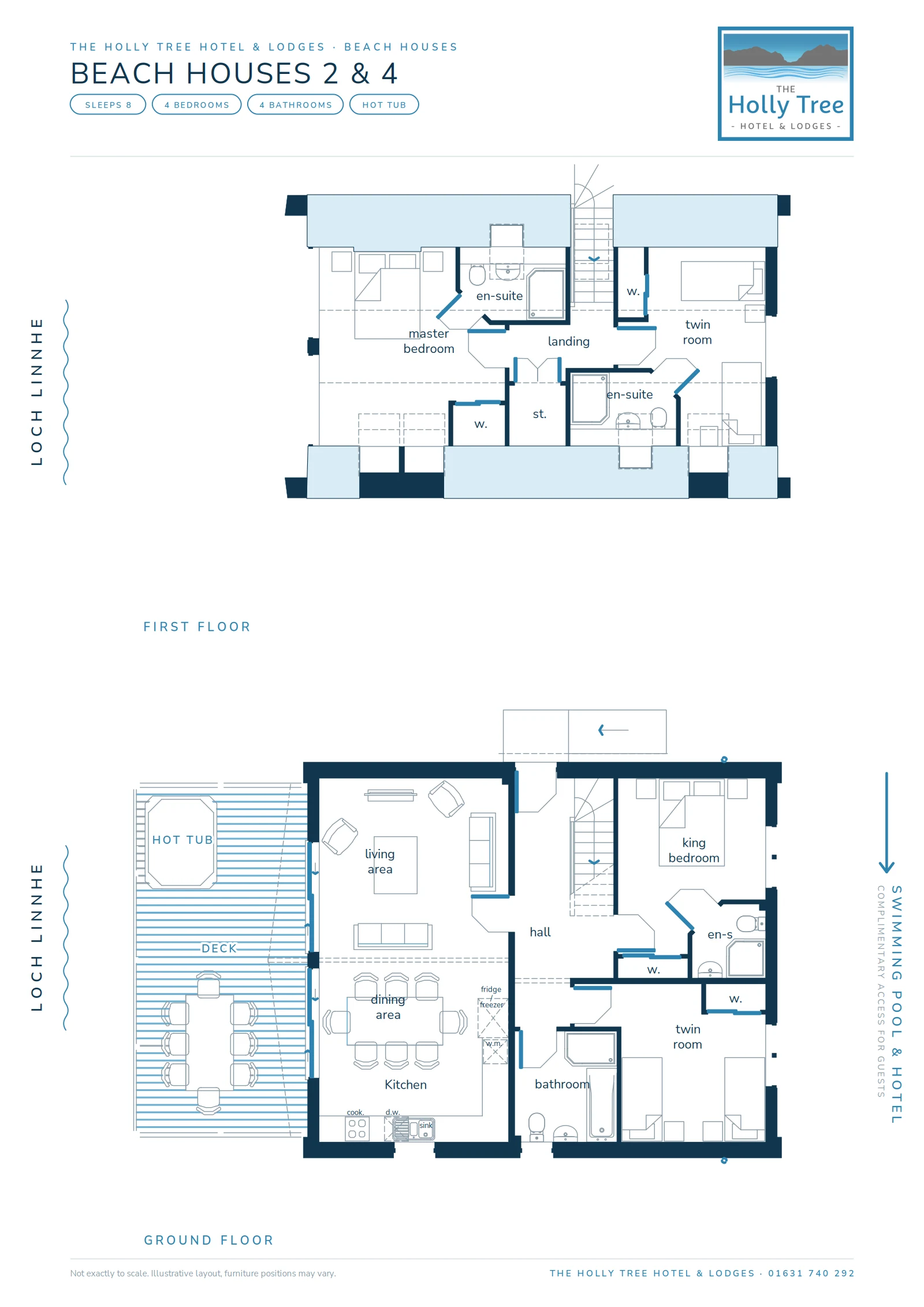 Floor plan of Beach Houses 2 and 4: king bedroom and twin room downstairs, master bedroom and twin room upstairs, hot tub deck on Loch Linnhe