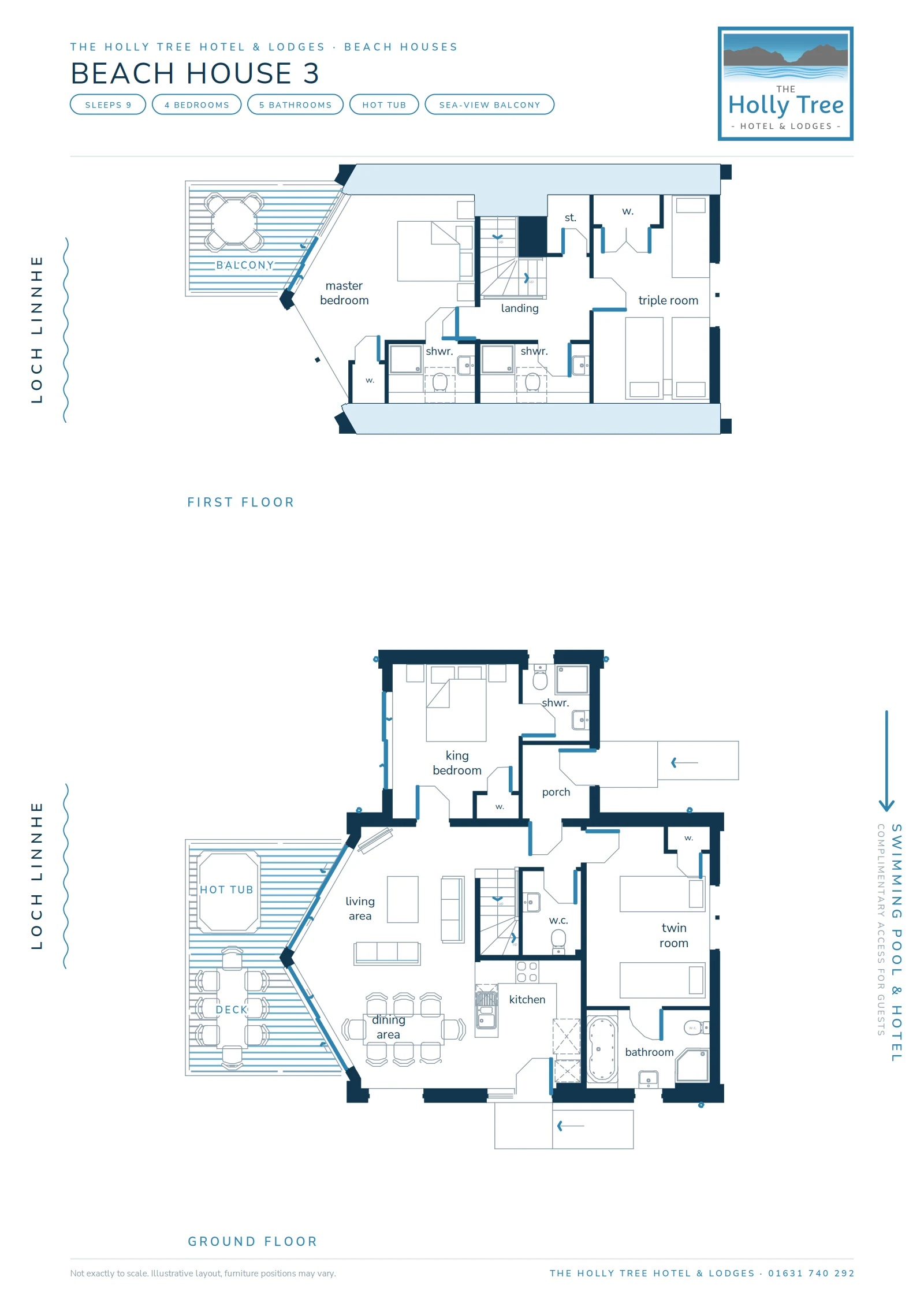 Floor plan of Beach House 3: king bedroom and twin room downstairs, master bedroom with sea-view balcony and triple room upstairs, hot tub deck on Loch Linnhe