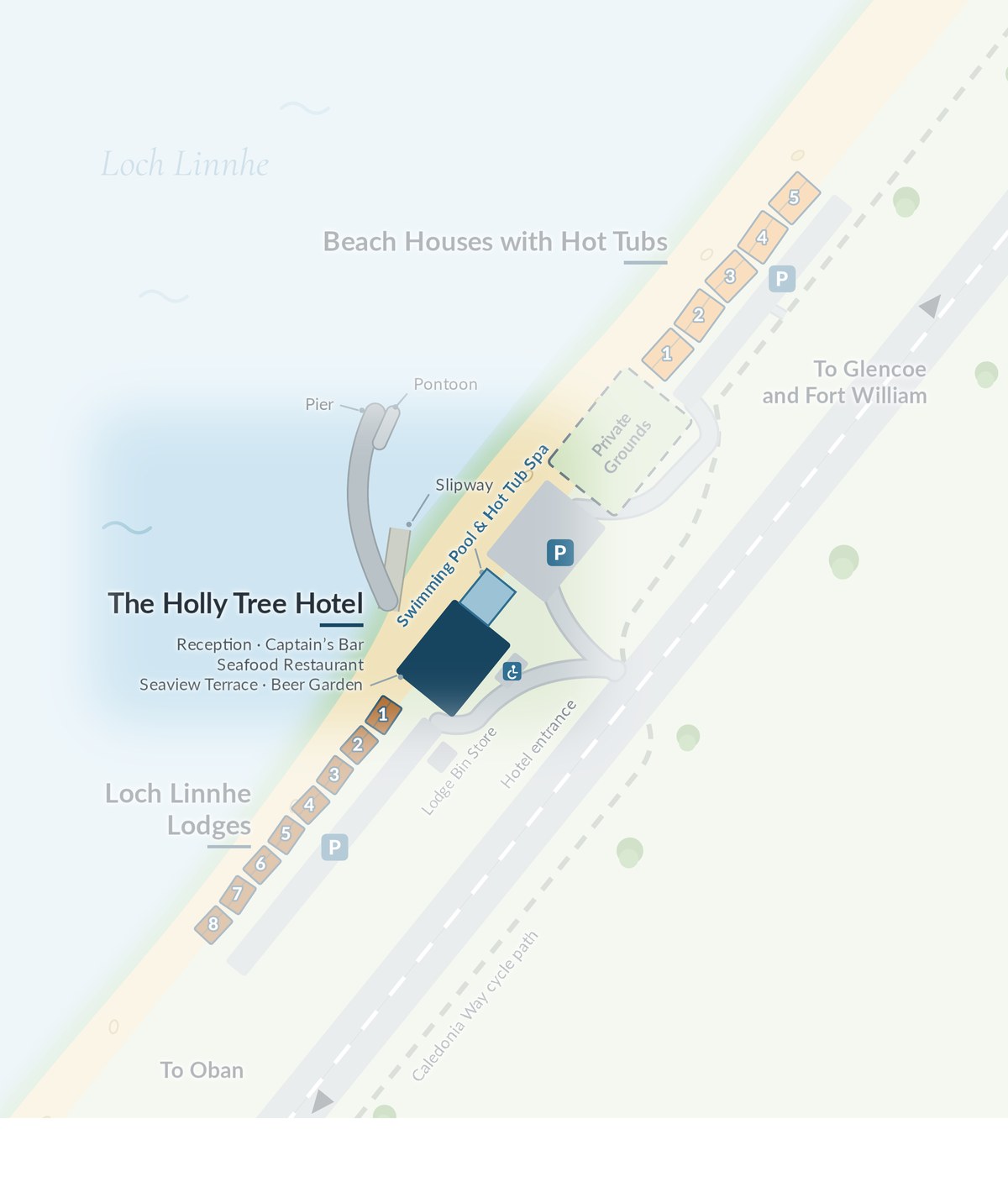 Map of Kentallen Pier with the swimming pool and hot tub spa highlighted
