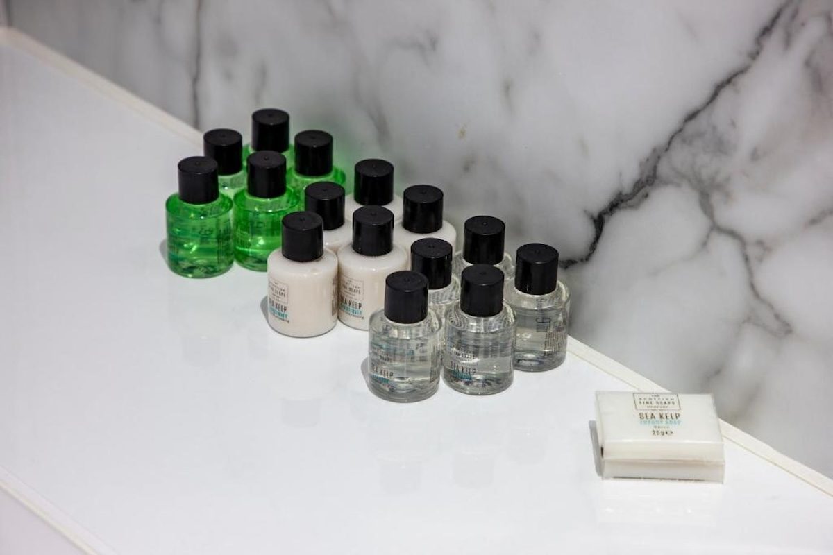 Hotel-style toiletries laid out at Wildwood