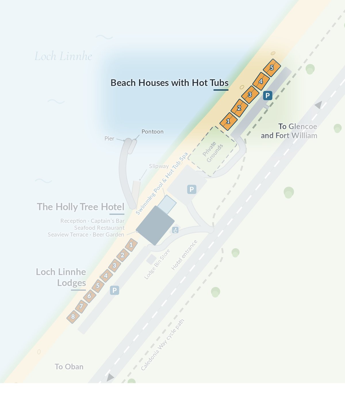 Map of Kentallen Pier with the five beach houses highlighted