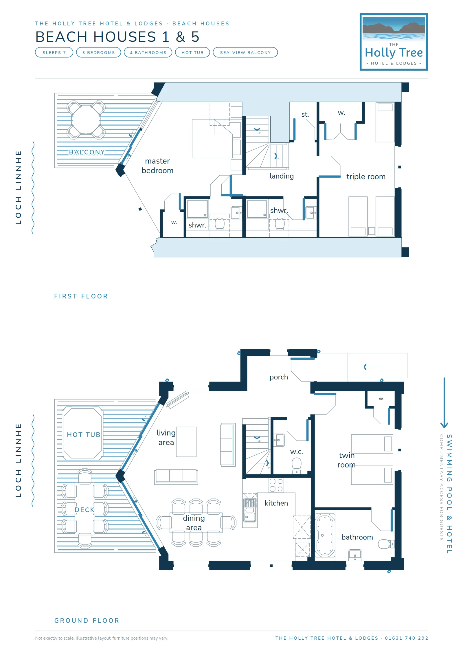 Floor plan of Beach Houses 1 and 5: twin room downstairs, master bedroom with sea-view balcony and triple room upstairs, hot tub deck on Loch Linnhe