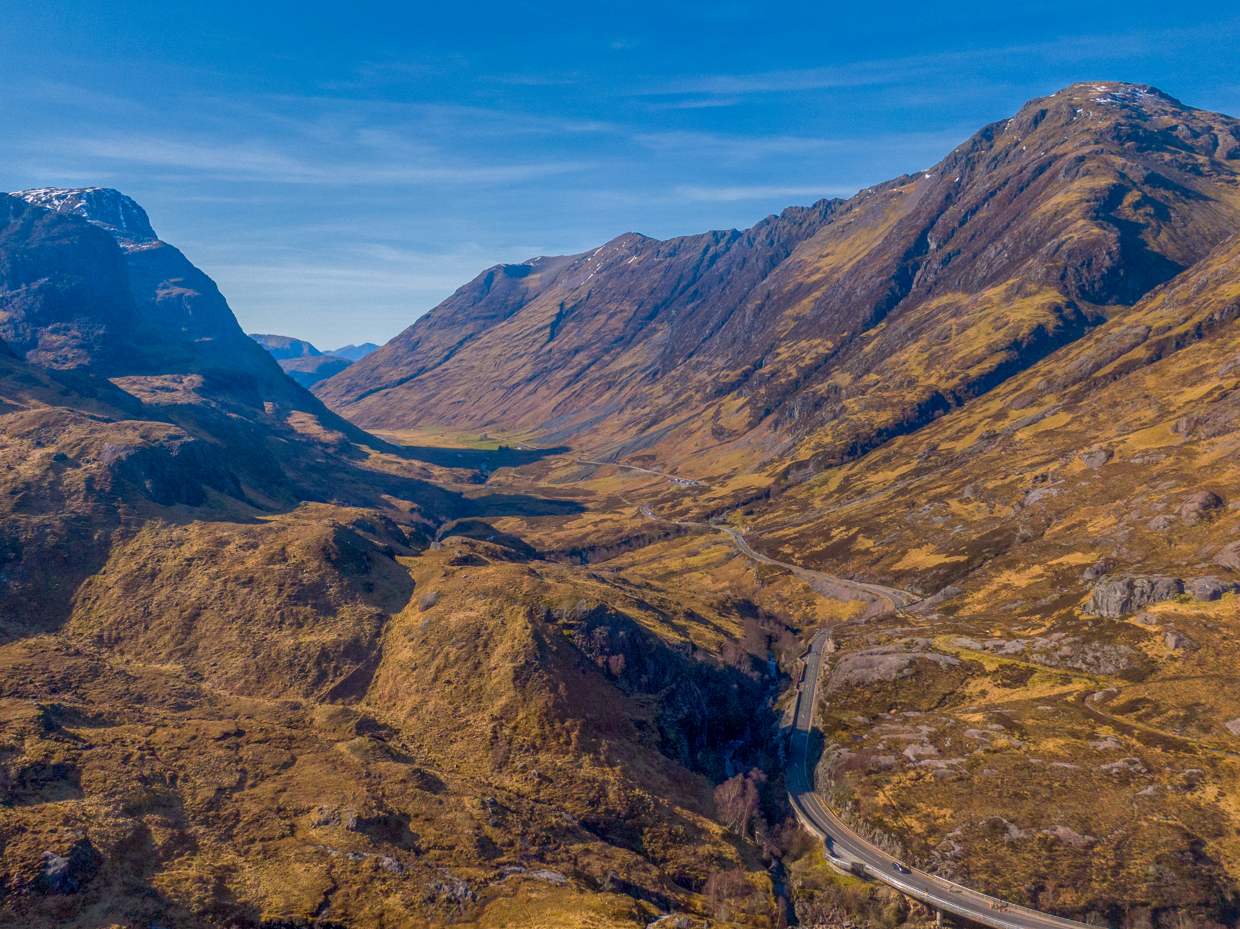 An aerial view down Glen Coe, the scenery behind Braveheart, Rob Roy and Skyfall